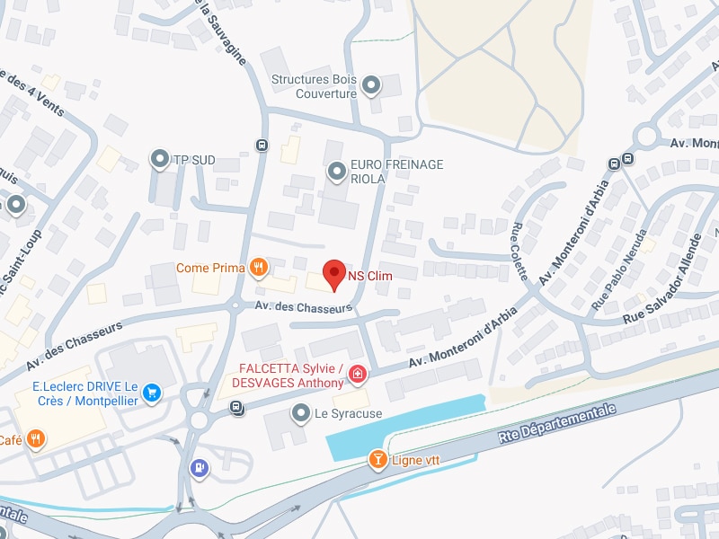 NS Clim : Localisation exacte sur Av. des Chasseurs, Le Crès/Montpellier. Plan détaillé du Crès/Montpellier. Le repère NS Clim se trouve sur l'Av. des Chasseurs, près du restaurant Come Prima et du E.Leclerc Drive.